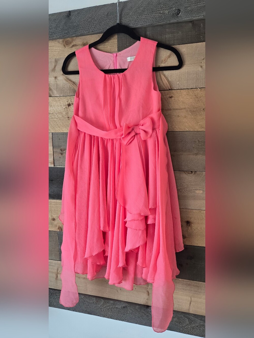 Girls Coral Pink Layered Party Dress with Bow
